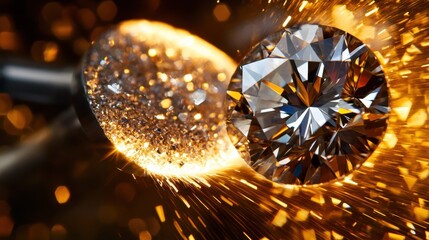 A high-speed grinding wheel smoothing the edges of a newly cut diamond