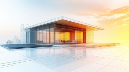 Fototapeta premium A D wireframe model of a sustainable house integrated with smart technology.
