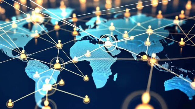 Discover how digital networks connect continents and people across the globe, showcasing a vibrant web of interactions and relationships in a modern landscape