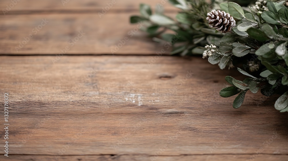 Aufkleber A closeup view of a rustic wooden surface adorned with greenery and pine cones creating a cozy atmosphere : Generative AI