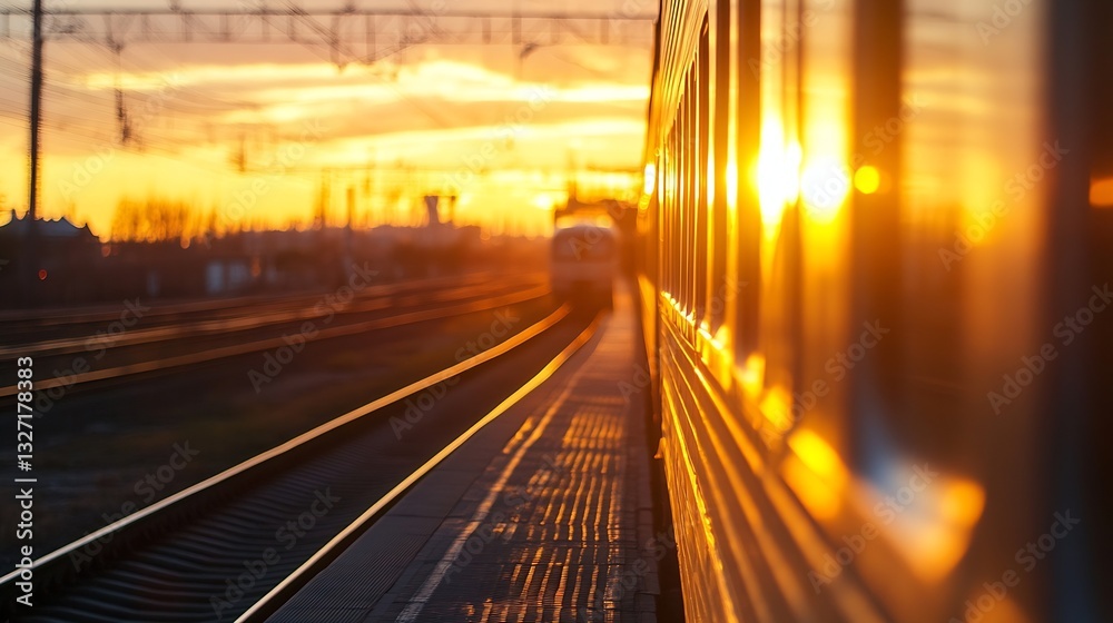 Poster Golden Sunset Reflection on Train Window Creating a Scenic Railway Vibe : Generative AI