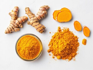 Turmeric Roots, Slices and Powder on White Background