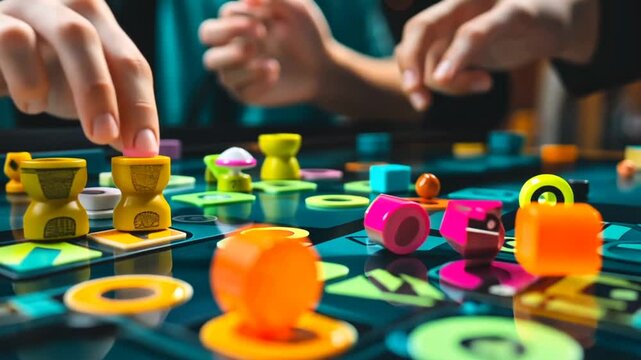 Close-up of hands playing a colorful board game with vibrant pieces on a table in a cozy setting