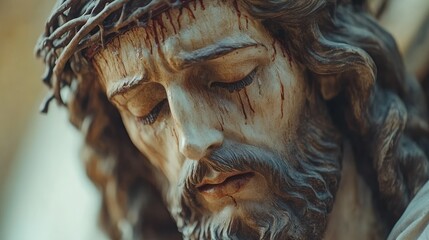 Close-up of a sorrowful Jesus Christ statue, depicting his crucifixion with a crown of thorns and blood, showcasing detailed carving and emotional depth.