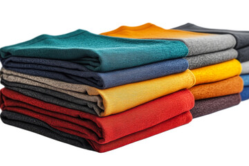 Colorful folded sweaters on a clear background