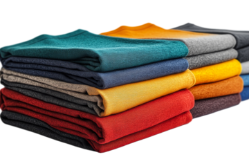 Colorful folded sweaters on a clear background