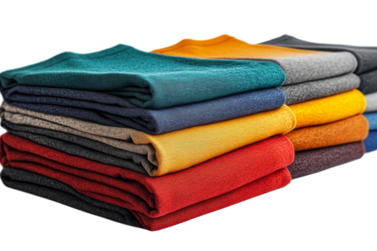 Colorful folded sweaters on a clear background
