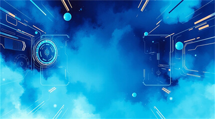 Futuristic interface blueprint in bright azure with cosmic technology clouds