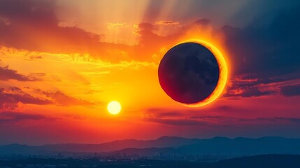 Obraz premium Vibrant Sunset Sky with a Partial Solar Eclipse Taking Place. Generative AI