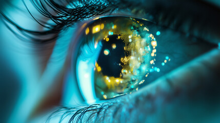 Close-up of a human eye with digital elements, symbolizing technology and artificial intelligence in a futuristic concept. Concept of a future woman with a cybernetic eye panel.