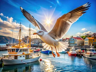 Seagull Flight Harbor Photography - Bright Daylight Coastal Bird Image