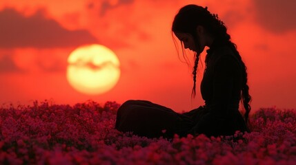 Sunset Silhouette: A Woman's Solitude in a Field of Flowers