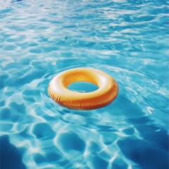 Bright orange pool float ring floating in crystal clear blue water on a sunny day