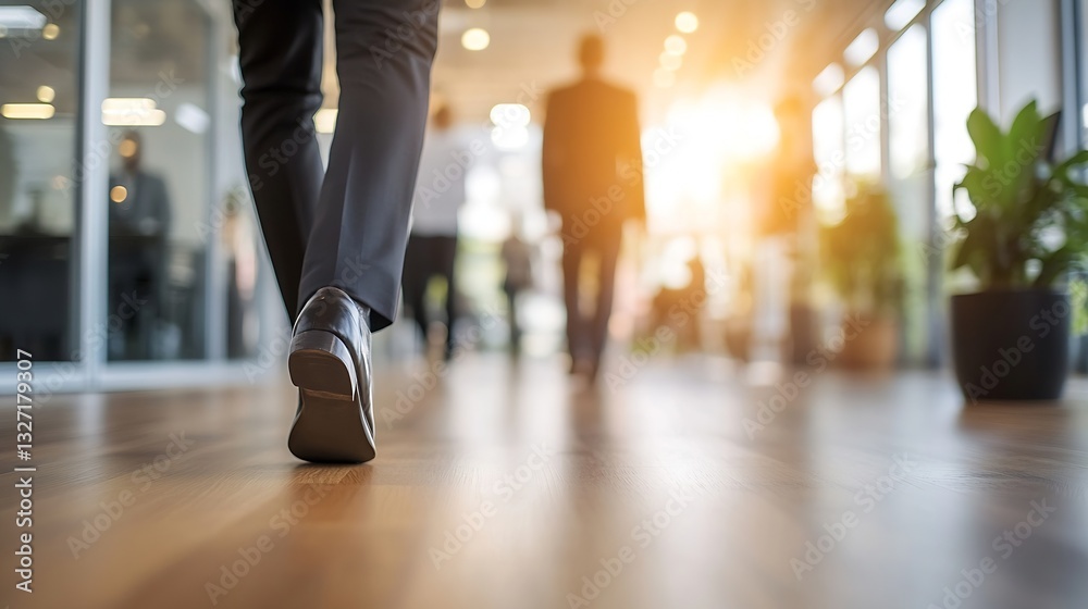 Poster business professionals walking through modern office space with natural light streaming in from wind