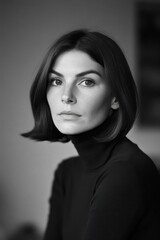 Fototapeta premium Black and white portrait of a thoughtful Irish woman wearing a turtleneck