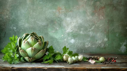 Fresh artichoke with herbs and spices on rustic wood.  Perfect for culinary themes or healthy eating concepts. © Sergey