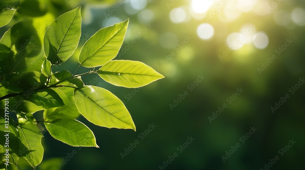 Poster close up of vibrant green leaves illuminated by soft sunlight creating a serene natural atmosphere :
