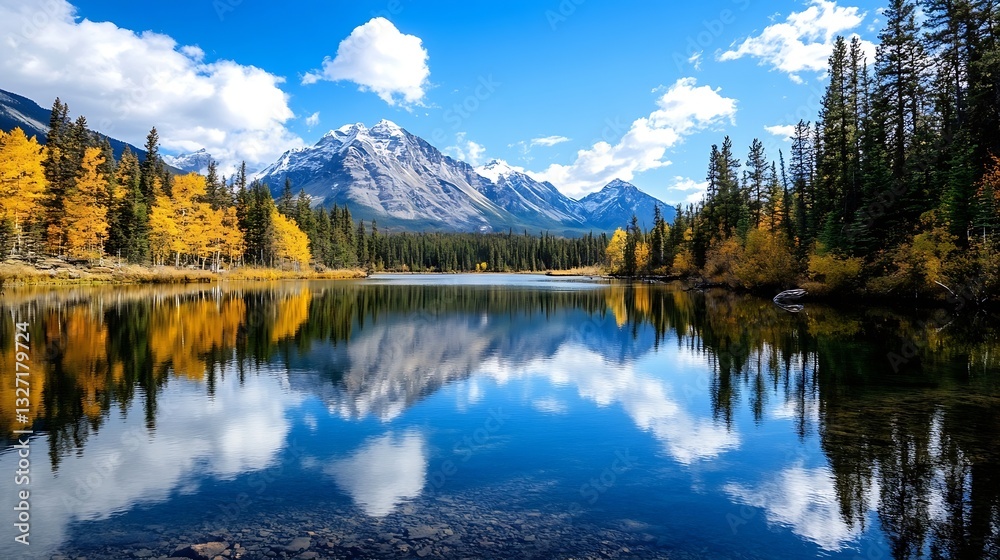 Poster breathtaking view of mountain landscape reflected in calm lake surrounded by autumn foliage : genera