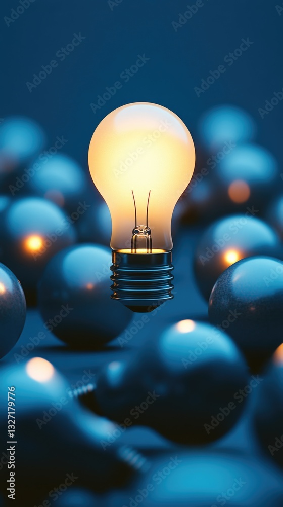 Poster a close-up view of a light bulb surrounded by several shiny balls