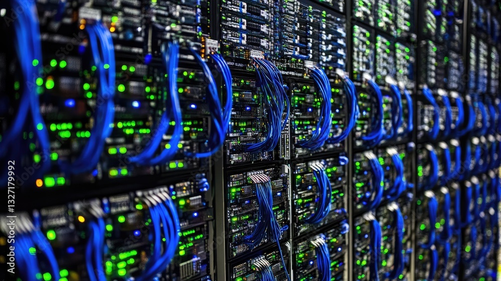 Poster a close-up of cloud computing technology, showing interconnected server nodes and a two-tone cloud, 