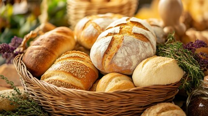 A beautifully styled bread basket filled with assorted rolls and loaves, surrounded by fresh herbs and spices, creating an inviting meal setting.