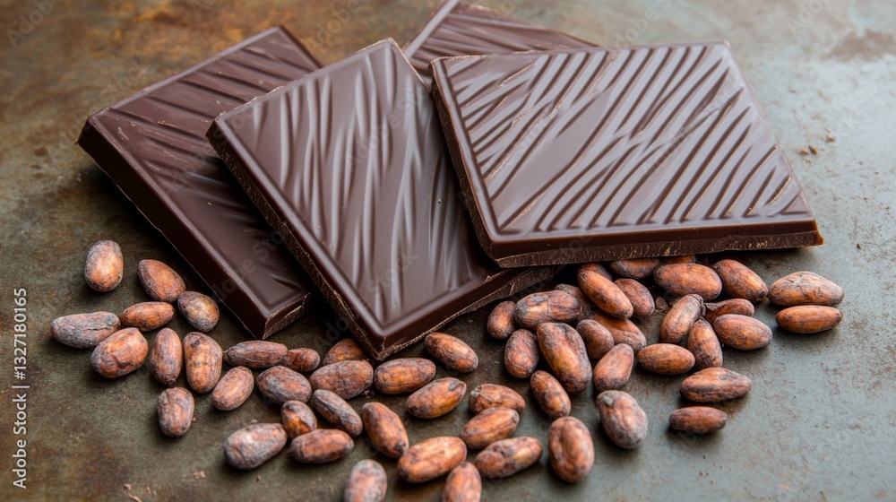 Aufkleber a beautiful overhead shot of chocolate bars and cocoa beans scattered on a rustic table, evoking the