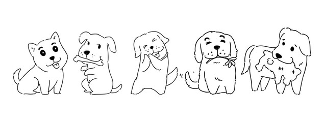 Hand drawn outline of a puppy dog in various poses in doodle style drawing with freehand sketching isolated on white, vector illustration