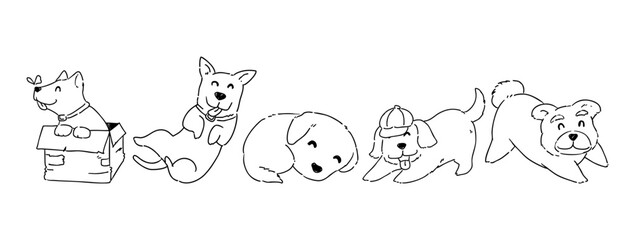 Hand drawn outline of a puppy dog in various poses in doodle style drawing with freehand sketching isolated on white, vector illustration