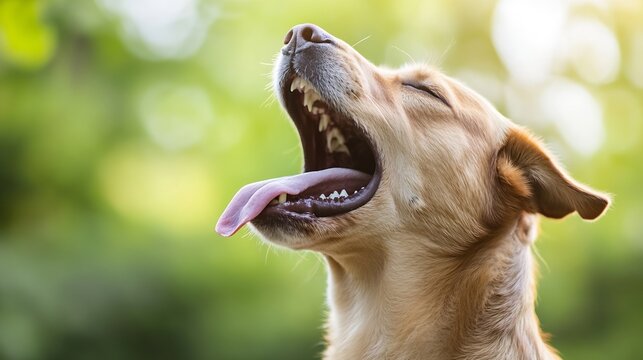 Joyful golden retriever dog yawning wide in the sunlight surrounded by a lush green background : Generative AI - Powered by Adobe