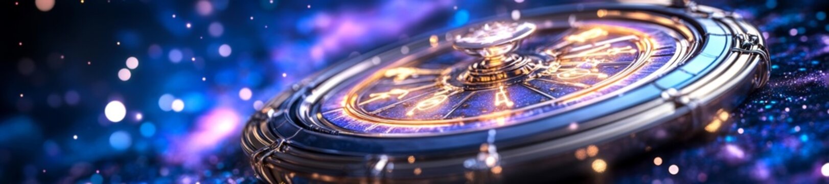 A glowing astrological wheel with zodiac signs on a cosmic galaxy backdrop. Generative AI