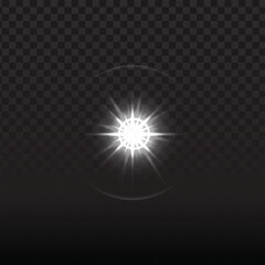 White glowing star vector, radiating burst with circular halo.  Bright, intense light with multiple rays and a subtle ring.  Transparent background overlay.  Optical, dynamic design.