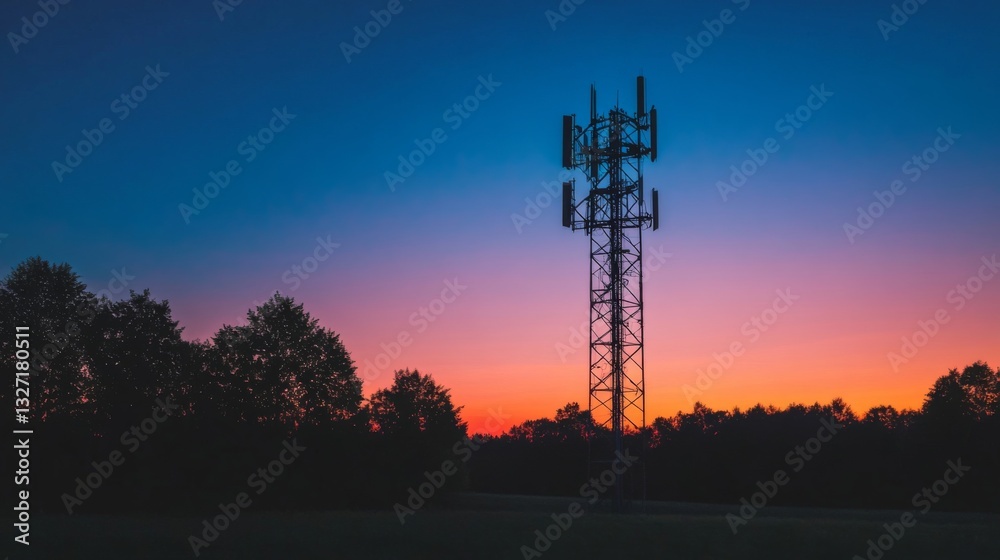 Poster A captivating image of a cell phone tower at dusk, illuminated by soft lights, creating a beautiful contrast against the darkening sky.
