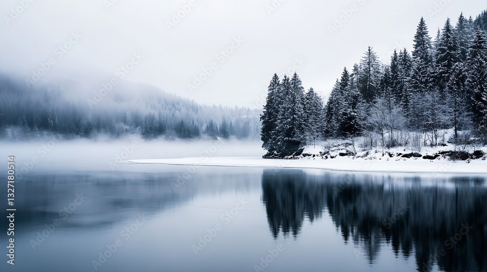Poster misty winter wonderland with snowcovered trees reflecting in a calm water body : generative ai