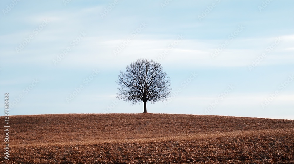 Poster lonely bare tree standing in a vast golden field under a crisp blue sky : generative ai