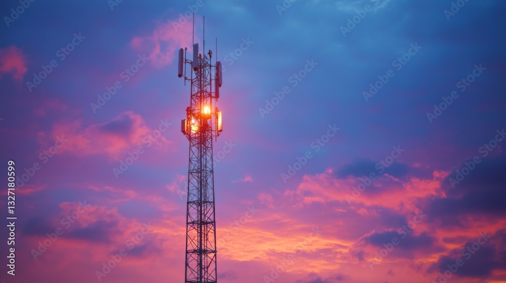 Poster a captivating image of a cell phone tower at dusk, illuminated by soft lights, creating a beautiful 