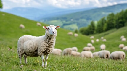 Obraz premium Curious Sheep Grazing on Lush Green Pasture with Rolling Hills in Background : Generative AI