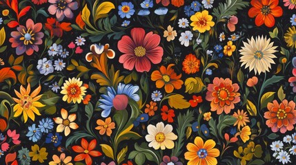 Vibrant Colorful Floral Pattern on Dark Background