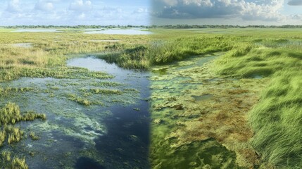 Naklejka premium A comparison of a water-scarce region with a well-managed conservation area.