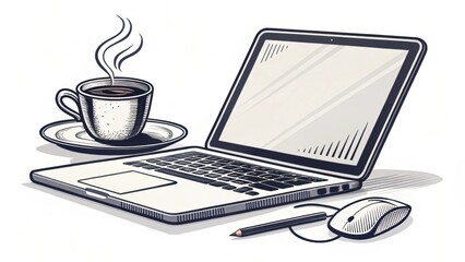 A minimalist illustration featuring a laptop, cup of coffee, and a mouse, perfect for a cozy work or study environment.