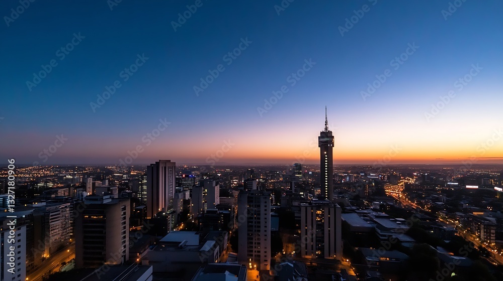 Poster vibrant urban skyline at sunset showcasing modern architecture and city lights reflecting in a bustl