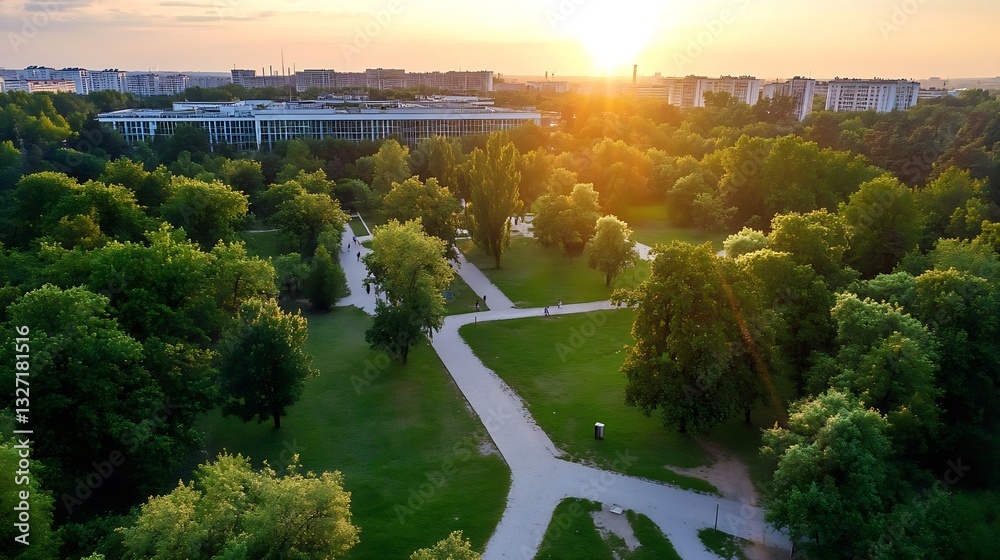 Poster sunset over a vibrant urban park filled with rich greenery and scenic walking paths to enjoy nature 