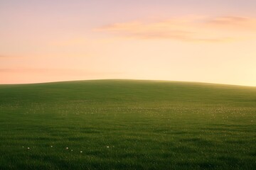 Obraz premium A wide open green pasture in the golden hour of the evening, with gentle slopes and a scattering of tiny daisies, under a serene sky filled with pastel shades of peach and lavender.