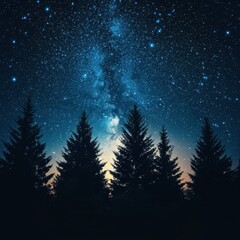 Naklejka premium Majestic Milky Way Galaxy Shines Above Silhouetted Evergreen Forest in a Breathtaking Night Landscape