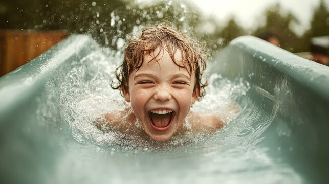Boy having fun sliding down a waterslide in water aqua park during summer vacation