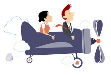 Happy young couple fly on the airplane. 
Cartoon young man and woman fly on the airplane. Isolated on white background
