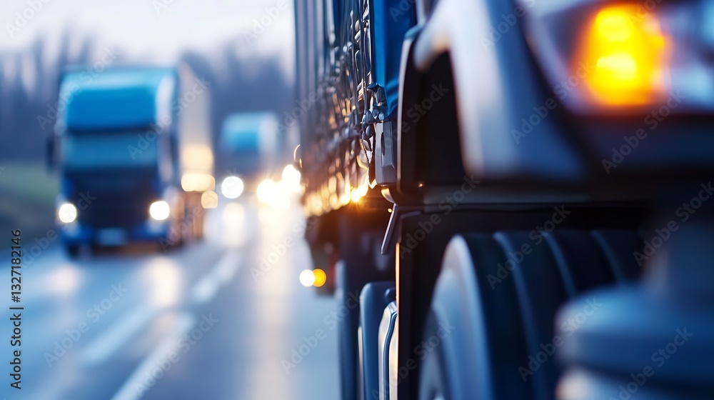 Poster modern trucks navigating a busy highway during twilight showcasing urban transport and logistics : g