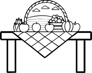 Basket of fruits and vegetables on a table with a scenic background.