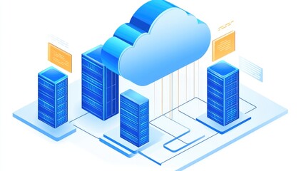 Fototapeta premium A creative representation of a cloud network, featuring interconnected server nodes and a two-tone cloud icon for modern data management.