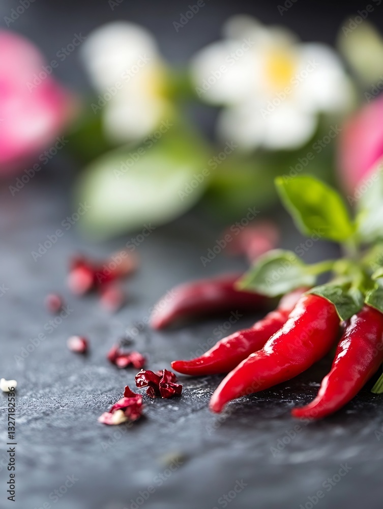 Aufkleber Fresh red chilies arranged on a dark surface with floral elements creating a vibrant composition : Generative AI