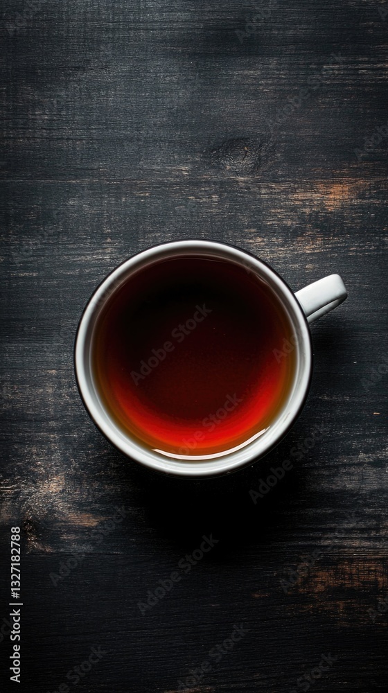 Poster a single serving of tea on a rustic wooden table